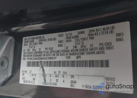 2017 Ford Escape Se из США, поврежденный, VIN 1FMCU0GD8HUC59037